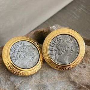 Vintage PREMIER DESIGNS Gold & Silver Tone Greek Coin Fashion Clip On Earrings